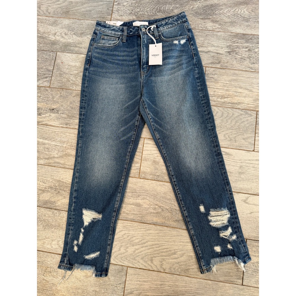 VERVET BLUE Thalia Jeans Size 28 Super High Rise Classic Straight Distressed NWT
